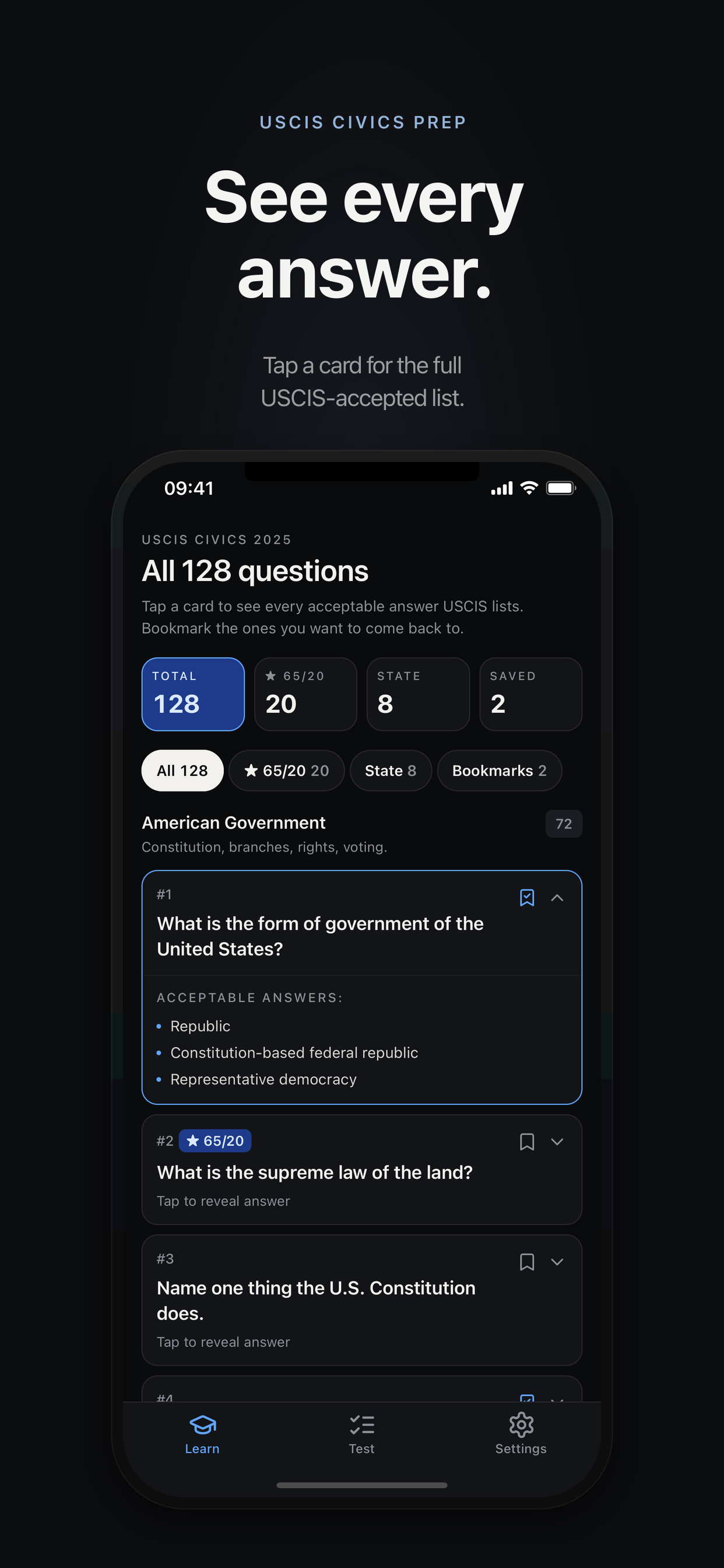Learn tab with the first civics question expanded.